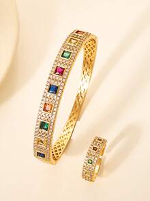 2pcs/Set Luxury Full-Diamond Geometric Gemstone Bracelet & Ring Set – Vintage Gold-Plated Multicolor Gem Bangle, Adjustable Open Design Fashion Jewelry - Yellow Gold - View 2
