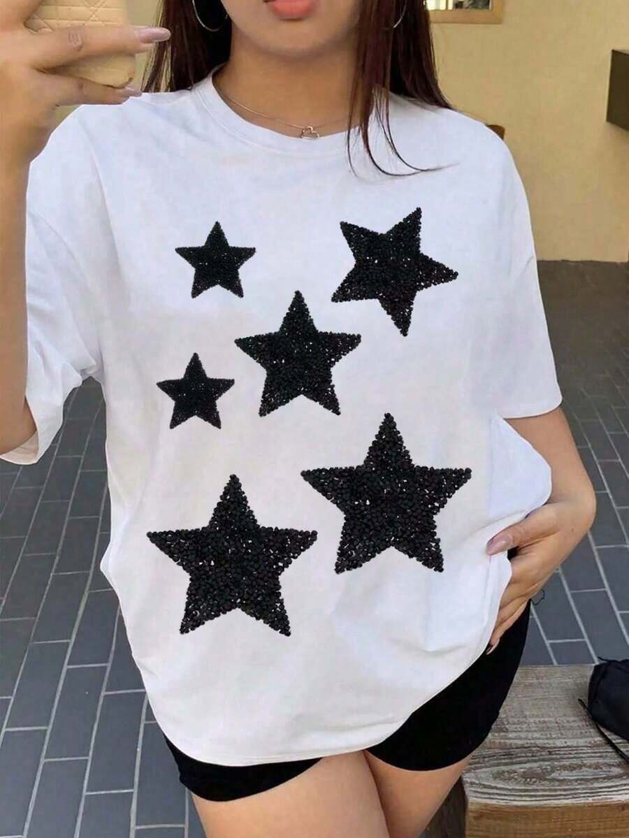Women's T-Shirt, Oversized White T-Shirt With Sparkling Rhinestone Star Print, Short Sleeve Crew Neck Casual Urban Style T-Shirt, Fashionable Loose Summer Streetwear Top, Comfortable And Lightweight - 白色的 - 查看 1