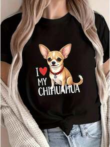 Women's T-Shirt - Chihuahua Lover T-Shirt For Women - Soft And Stretchy Crew Neck With "I LOVE MY CHIHUAHUA" Text - Black Top With Brown And White Puppy - Loose Fit For Everyday Wear And Pet Owners - Machine Washable - Comfortable And Lightweight - 黑色 - 查看 7