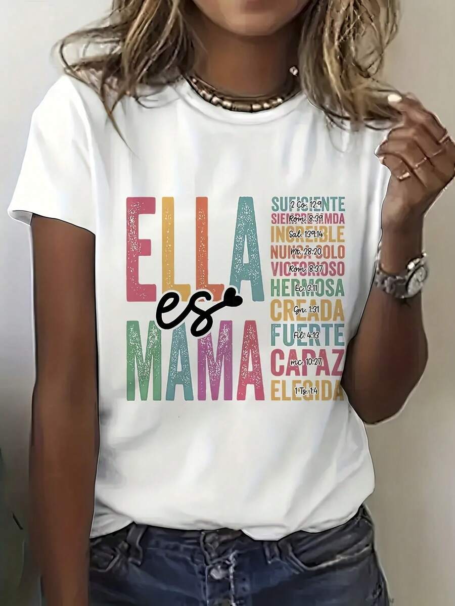 Camiseta de edición limitada para mujer con estampado de corazón en español Ella madre -% con las palabras Mamá, Madre, Abuela - Transpirable, holgada, de cuello redondo, manga corta, para el verano - El regalo perfecto para el Día de la Madre para madres hispanohablantes - Algodón ligero - Blanco - Ver 1