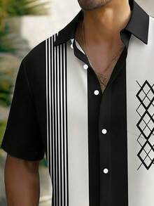 Áo sơ mi nam kiểu cổ điển kẻ sọc họa tiết hình học, có túi cài cúc, phong cách bowling. - màu đen - Xem 4
