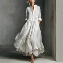 2026 Spring/Summer New European And American Elegant Women's Dress Series Crinkled Linen White Maxi Dress, Stand Collar 3/4 Sleeve Ruffle Hem Casual Dress With Pockets J7OV - Màu xanh lam - Xem 3