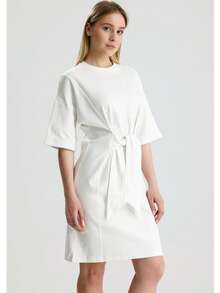 RoseArya Cotton Front Tie Detail Above Knee Dress - White - View 3