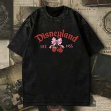 Unisex Vintage Washed Summer Tops, Disneyland Est. 1955 Coquette Style Graphic Tee, Cute Bow Cherry Mickeys Print Oversized Short Sleeve Crew Neck Casual T-Shirt For Men And Women - 黑色 - 查看 1