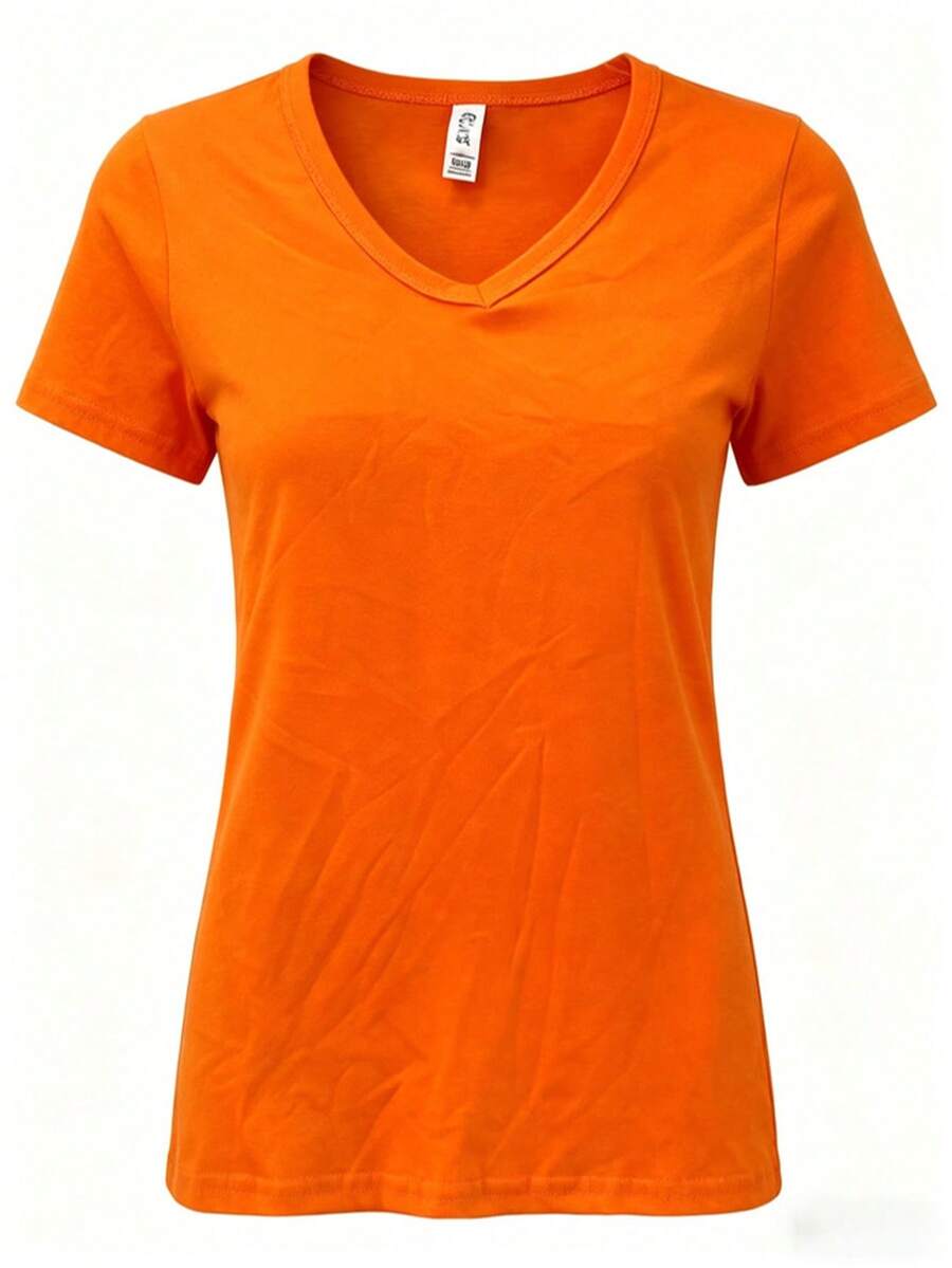 Women's Basic Orange V-Neck T-Shirt with Short Sleeves, Everyday Casual Top with Slight Stretch for Comfort - Naranja - Ver 1