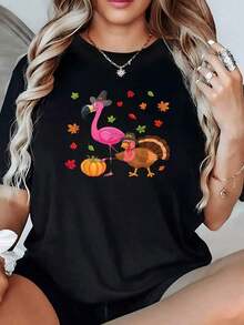 UniFlamingo Women's Casual Vintage Urban Style T-Shirt With Turkey And Pumpkin Design, 220g, For Halloween And Thanksgiving, 100% Cotton, 1 Piece, Fun Graphic Print T-Shirt, Relaxed Fit, Crew Neck, Short Sleeve, 100% Breathable Cotton - 黑色 - 查看 1