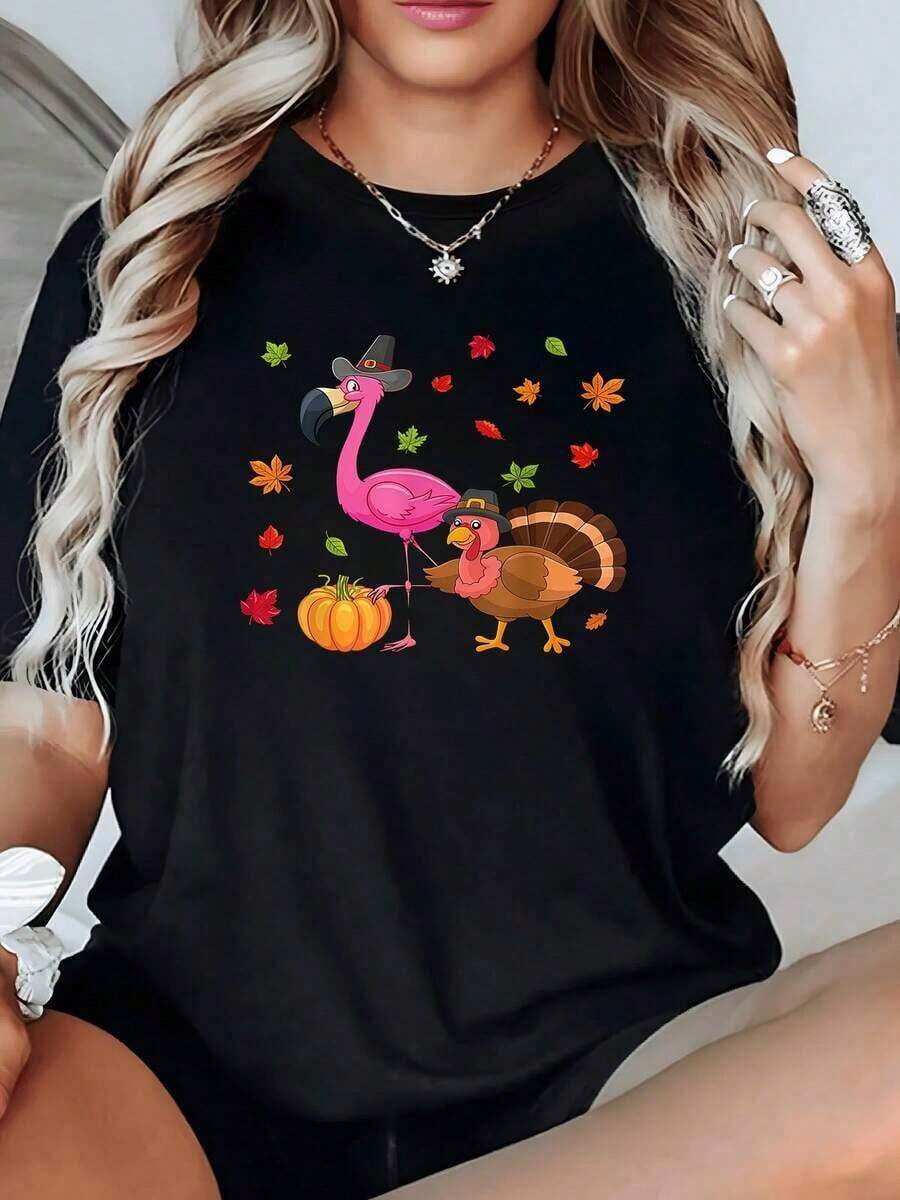 UniFlamingo Women's Casual Vintage Urban Style T-Shirt With Turkey And Pumpkin Design, 220g, For Halloween And Thanksgiving, 100% Cotton, 1 Piece, Fun Graphic Print T-Shirt, Relaxed Fit, Crew Neck, Short Sleeve, 100% Breathable Cotton - 黑色 - 查看 1