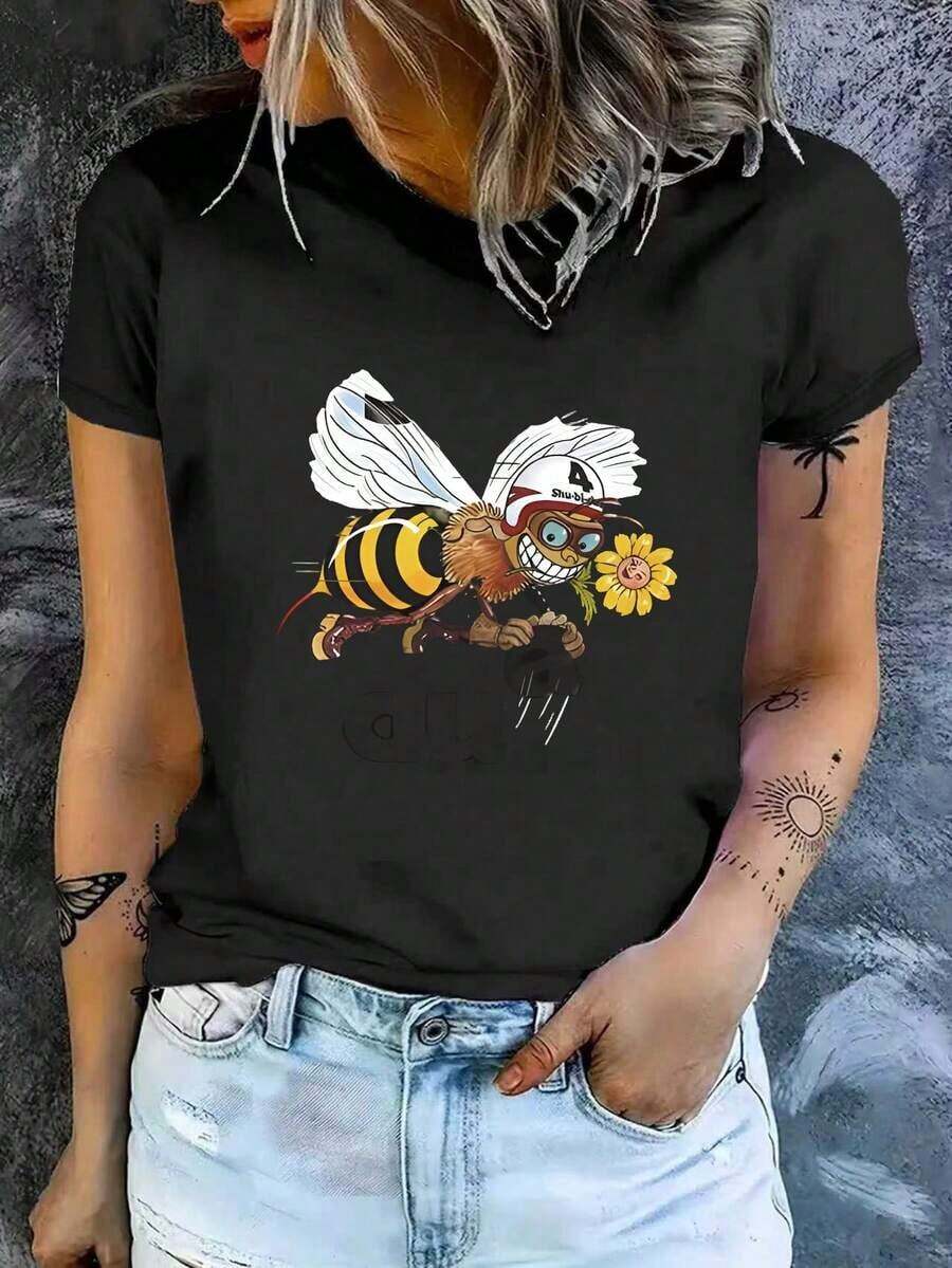 Women's Short-Sleeved Cotton T-Shirt, Casual Style, Fitted, With A Vintage Urban Print Featuring A Delicate Bee And Sunflower Design. Soft And Comfortable, Perfect For Everyday Wear And A Versatile Garment. 100% Breathable Cotton. - 黑色 - 查看 1