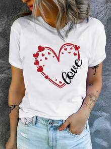 Camiseta con Estampado de Corazón, Manga Corta, Cuello Redondo, Estilo Casual para Primavera y Verano, Ropa de Mujer - Estilo Vintage Urbano, Unisex, Camiseta Holgada de Algodón con Manga Corta y Cuello Redondo - Blanco - Ver 1