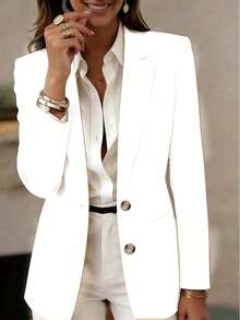 Damen Langarm Kragen Knopf Jacke, reguläre Länge gestrickte Stoff leichte Blazer, eleganten und modischen akademischen Stil in Weiß kreierend - Weiss - Übersicht 1