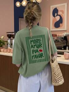 1件女士夏季宽松圆领短袖T恤，“MORE AMOR POR FAVOR”条纹印花衬衫，适合派对、度假、办公室、日常、约会、聚会、街头穿着，夏季必备休闲T恤 - 草綠色 - 查看 5