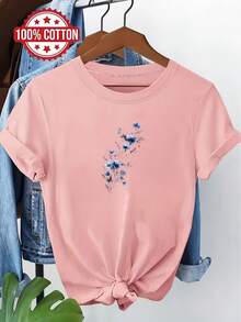 Women's Plus Size High Quality Pure Cotton T-Shirt With Plum Blossom Print, Round Neck, Short Sleeve, Comfortable For Home, Ideal For Summer. - 白色 - 查看 9