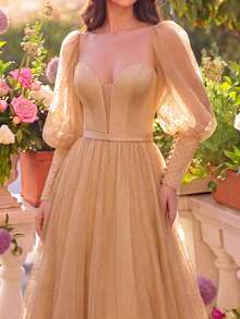 Faeriesty Đầm dạ hội cổ vuông thanh lịch với tay phồng và họa tiết chấm bi, thích hợp cho đám cưới ngoài trời, chụp ảnh chân dung lãng mạn, hoặc chụp ảnh cưới theo phong cách thời trang. - Màu Khaki - Xem 4