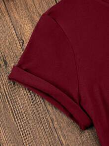 Women's Short-Sleeved, Round-Neck T-Shirt With Moon Print - 酒紅色 - 查看 5