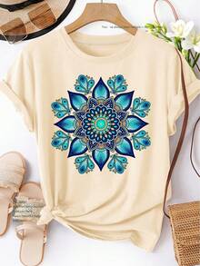 Women's Short Sleeve T-Shirt, Style, Blue-Green Mandala Print, Spring Summer Autumn, Elegant, Versatile, Casual, Sporty, Round Neck, Soft And Comfortable, Sizes S-XXL, New 2026 - 100% Breathable Cotton - 杏色 - 查看 12