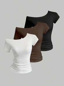 3 piezas Camisetas ajustadas con cuello asimétrico para mujer, tops básicos con cuello asimétrico en negro, blanco, rosa - Negro 3 - Ver 8