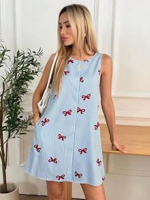 Vestido informal de lino sin mangas con corte evasé y bolsillos acolchados, conjunto elegante de vacaciones con estilo "Old Money" para mujer - Multicolor 2 - Ver 2