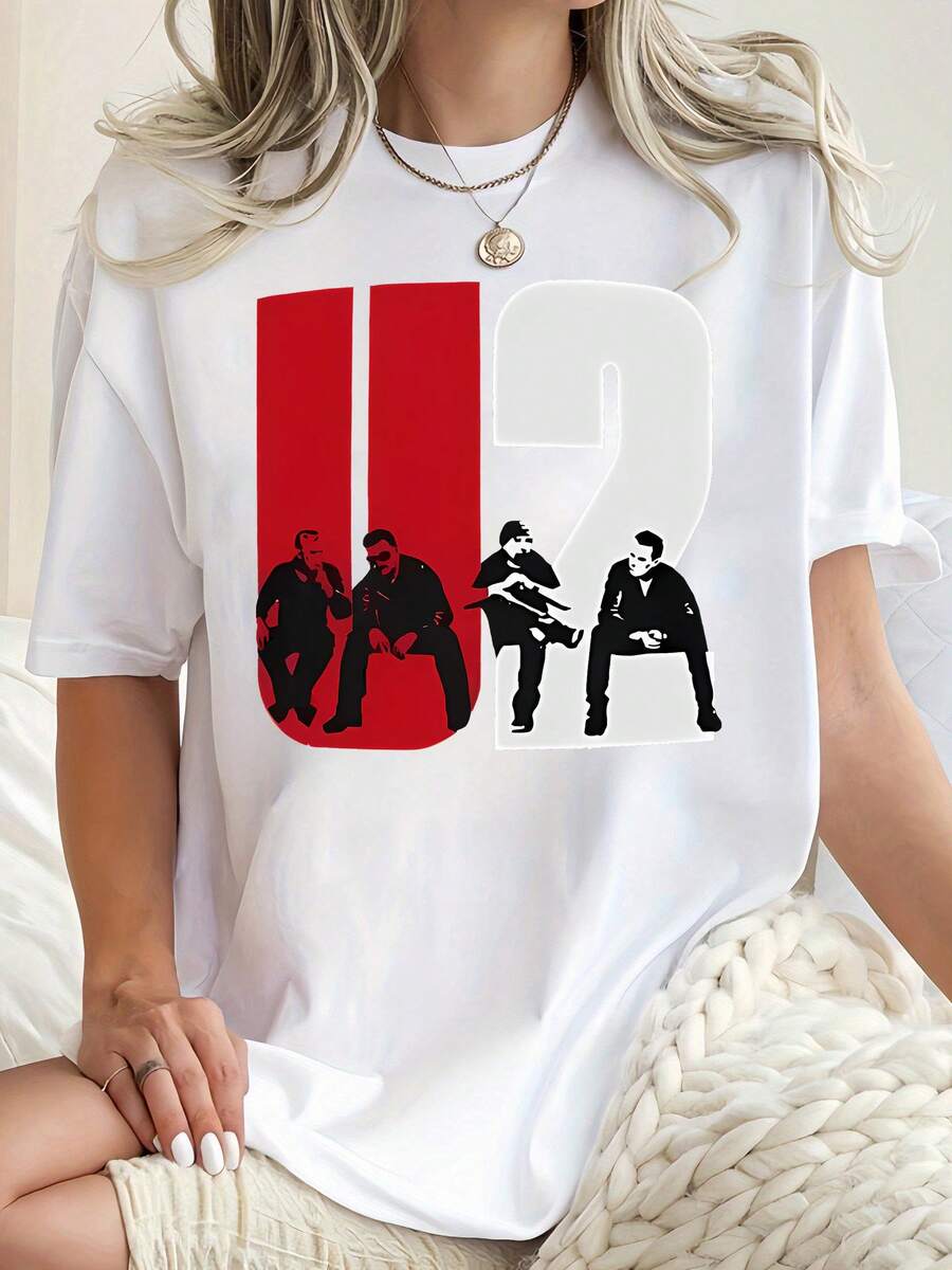1 Piece Of Women's Casual T-Shirt With U2 Band Graphic Print, Round Neck, Polyester Knit Fabric, Geometric Pattern, Short Sleeve, Comfortable Summer Top For All Seasons, Y2k T-Shirt. - 白色 - 查看 1