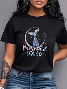 Mermaid Print T-Shirt With Short Sleeves And A Round Neck. A Modern, Fashionable, Unique, And Versatile Women's Garment, Perfect For Summer Beach Vacations, Casual Everyday Wear, And As A Gift For Friends And Sisters. Made Of Pure Cotton With A Printed Design. - 黑色 - 查看 7