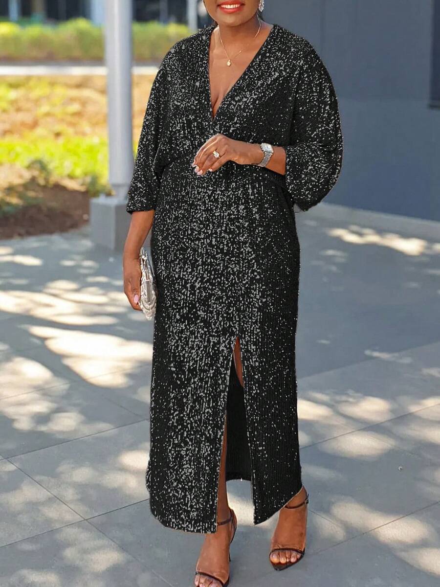 Vestido largo maxi con lentejuelas y abertura lateral para mujer talla grande