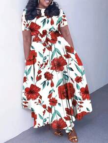 Plus Size Elegant Lace-Up Short Sleeve Flared Dress, New Style 2026 For Women - 白底紅花 - 查看 1