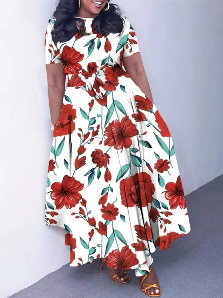 Plus Size Elegant Lace-Up Short Sleeve Flared Dress, New Style 2026 For Women - 白底紅花 - 查看 1