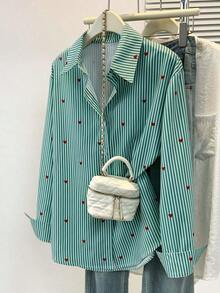 Blusa de mujer con cuello polo, estampado de corazones y rayas - Camisa casual de manga larga con botones, adecuada para uso diario en primavera, verano y otoño - Rayas verdes - Ver 12