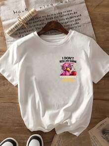 Camiseta de mujer manga corta con estampado y eslogan divertido de café, estilo casual moderno, cuello redondo, ideal para primavera y verano - Blanco - Ver 3