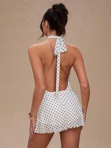 Vestido de tirantes mini con espalda descubierta y estampado de lunares elegante para mujer - Blanco - Ver 2