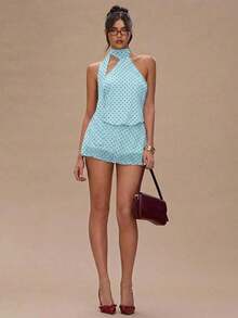 Vestido corto de verano con escote halter y espalda descubierta, con estampado de lunares sexy para mujer - Celeste 2 - Ver 10