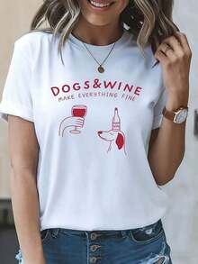 1 pieza Camiseta con estampado gráfico "Los perros y el vino lo hacen todo bien" para mujer, primavera-verano, manga corta, cuello redondo, casual, para uso diario, regalo para vacaciones, 180g 100% algodón. - Blanco - Ver 7