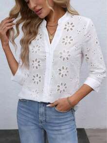 Blusa de mujer con bordado floral y cuello con muesca, manga 3/4.Tops de manga tres cuartos - Blanco 6 - Ver 4