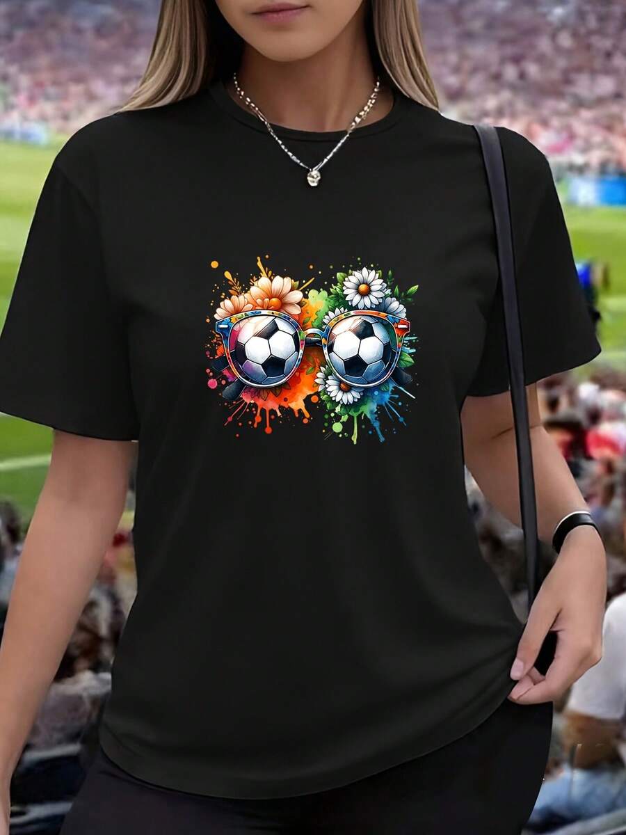 Casual Crew Neck T-Shirt With USA-Mexico-Canada Soccer Graphic - Women's Short Sleeve T-Shirt, Y2K Fashion, Comfortable Style For All Four Seasons, Machine Washable, Fashionable Outfit With High-Quality Fabric - 黑色 - 查看 1