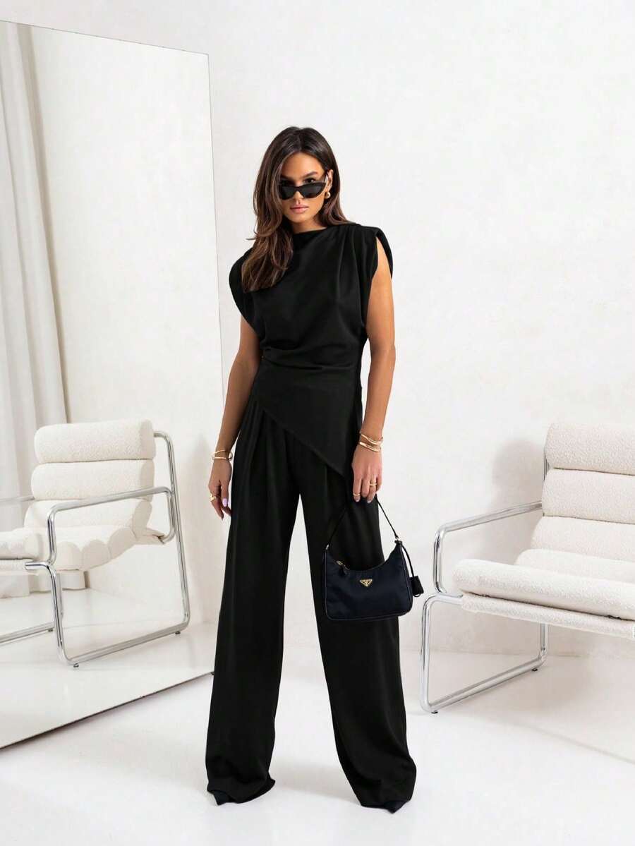 Conjunto informal de manga corta de color sólido con diseño irregular - Negro - Ver 1