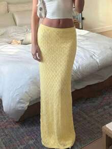 Falda larga de ganchillo de punto amarilla de verano para mujer, elegante y casual, con diseño de cola de pez hueco, adecuada para usar en la playa, vacaciones y fiestas en la piscina - Amarillo - Ver 4