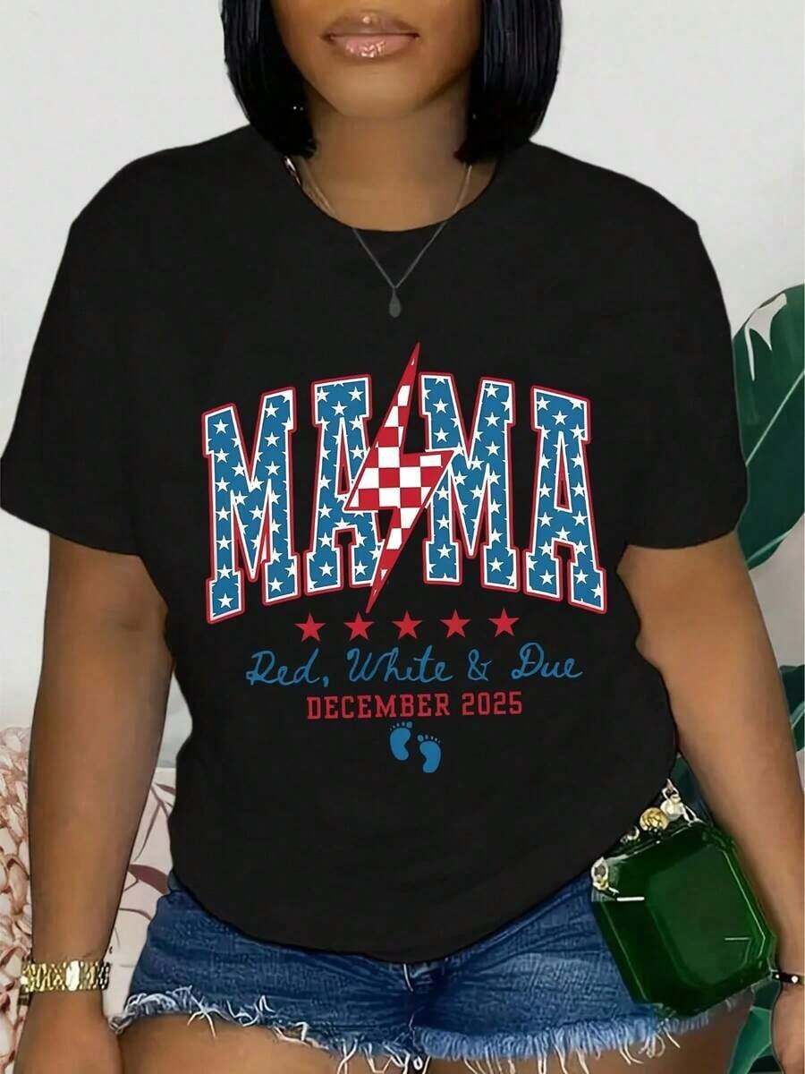 1 Piece Of Women's T-Shirt With American Flag, Soft And Stretchy, Patriotic Style, Round Neck, Short Sleeves, Casual Sportswear For Spring And Summer, Everyday Wear For Ladies, Relaxed Fit, Machine Washable, Casual Style For All Seasons, Ideal For Independence Day. 180g 100% Cotton, Designs Are Printed. Unisex. - 黑色 - 查看 1