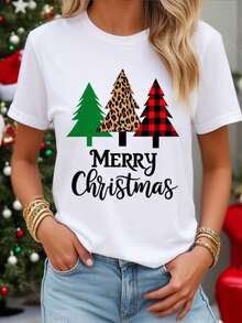 Camiseta de impresión del árbol de Navidad blanco de las mujeres con patrones de leopardo, cuadro y tono dorado - Feliz guión de Navidad de manga corta de uste suelto, tre de fiesta de vacaciones casual (uso de toda la tempor) - camiseta de cuello redondo transpirable - Blanco - Ver 2
