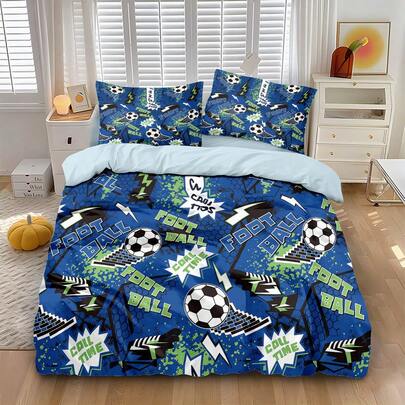 3 piezas Juego de ropa de cama con estampado de fútbol azul, 1 funda nórdica y 2 fundas de almohada (sin relleno), teñido de alta definición, tela 100% poliéster, tamaño de cama doble extra grande, cómodo y suave, cierre con cremallera, lavable a máquina, adecuado para el hogar, dormitorio, habitación de invitados, viajes, campamentos y dormitorios.