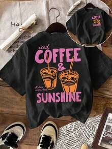 CURVE+ Iced Coffee And Sunshine Shirt, Iced Coffee Shirt, Coffee Lover Gifts, Summer T-Shirt, Summer Vibes Shirt, Coffee T-Shirt Blouses For Women Y2K Style Activewear, Round Neck, 100% Cotton, Soft Fabric, Short Sleeve. - 黑色 - 查看 7