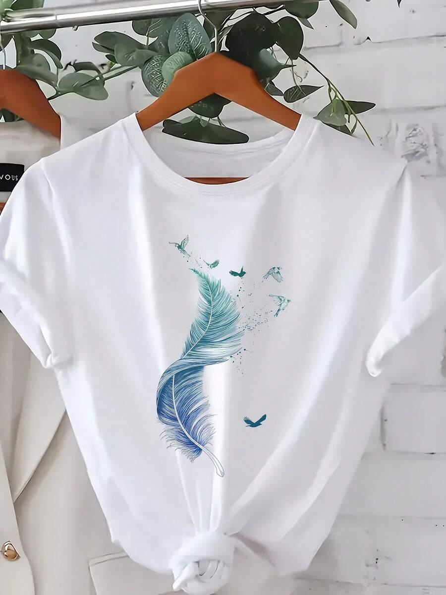 Camiseta de algodón de manga corta para mujer, nueva, con estampado de pájaros, top de moda para mujer. - Blanco - Ver 1