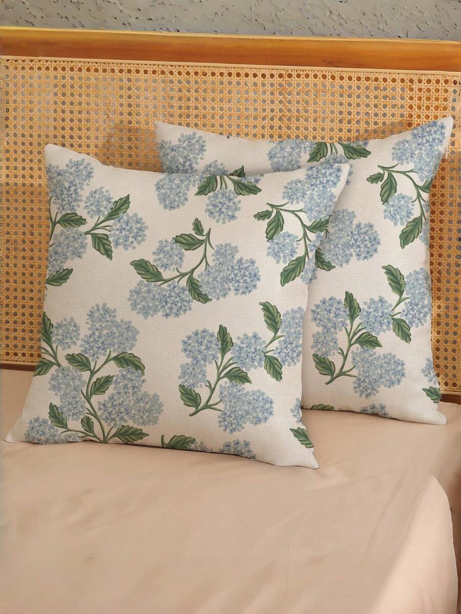 2个18x18英寸蓝绿色绣球花装饰抱枕套,复古花卉夏季户外靠垫套,亚麻沙发枕套 - 淺藍色 - 查看 1