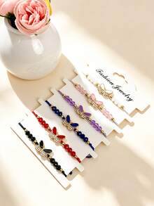 Set de 6 pulseras trenzadas de cuerda con dijes de mariposa esmaltados, ajustables, hechas a mano, de cuerda de amistad multicolor, estilo bohemio, apilables, joyería minimalista de amuleto de la suerte como accesorio de uso diario, regalo - Multicolor - Ver 8