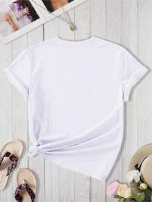 Estampado Gráfico Camiseta Mujer Algodón Ligera VeranoPlus Size Casual Crew Neck T-Shirt, Knit Fabric With Medium Stretch, Alphabet Print Design, Short Sleeve Tee For Women, Spring/Summer/FallOversize Camiseta Mujer Estampado 100% Algodón Puro - Blanco - Ver 4