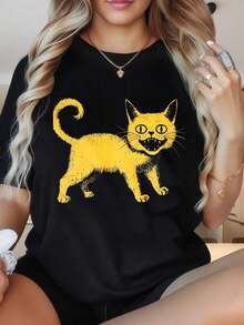 Camiseta de Mujer con Estampado Gráfico, Algodón Ligero, Verano, Cuello Redondo, Manga Corta, Camiseta con Estampado de Gato Amarillo, Camiseta Casual de Manga Corta para Mujer, Camiseta Negra de Moda con Estampado de Animal Bonito, Atuendo de Verano para Niñas, Estampados Divertidos son Adecuados para Fiestas de Navidad, Actividades Deportivas, Fiestas de Vacaciones, Salidas, Deportes y Otros Regalos Festivos (220g). Oversize Camiseta Mujer Estampado 100% Algodón Puro - Negro - Ver 6
