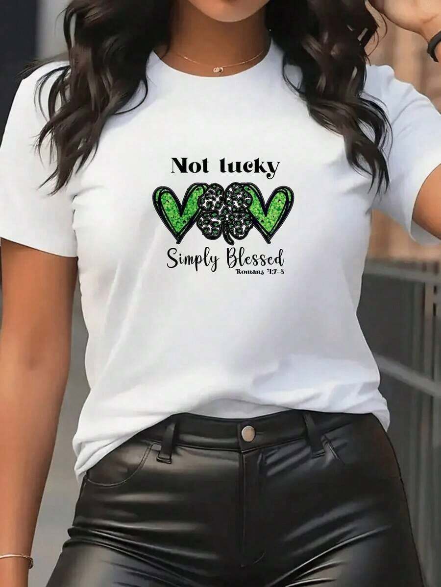 GiftMujer Camiseta Redonda Cuello con Estampado de Trébol Verde y Frase Not Lucky Simply clothes para San Patricio Moda Casual para Mujeres Talla S a XXLSoft - Blanco - Ver 1