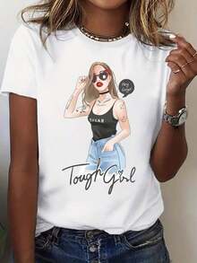 Nueva Camiseta Casual de Verano para Mujer con Gráfico de Dibujos Animados de Chica Fuerte y Texto 'Hey Guy', Ropa Urbana Casual para Uso Diario - 220g - Estilo Urbano Vintage, Camiseta Unisex de Algodón Suelto de Manga Corta y Cuello Redondo - Blanco - Ver 1