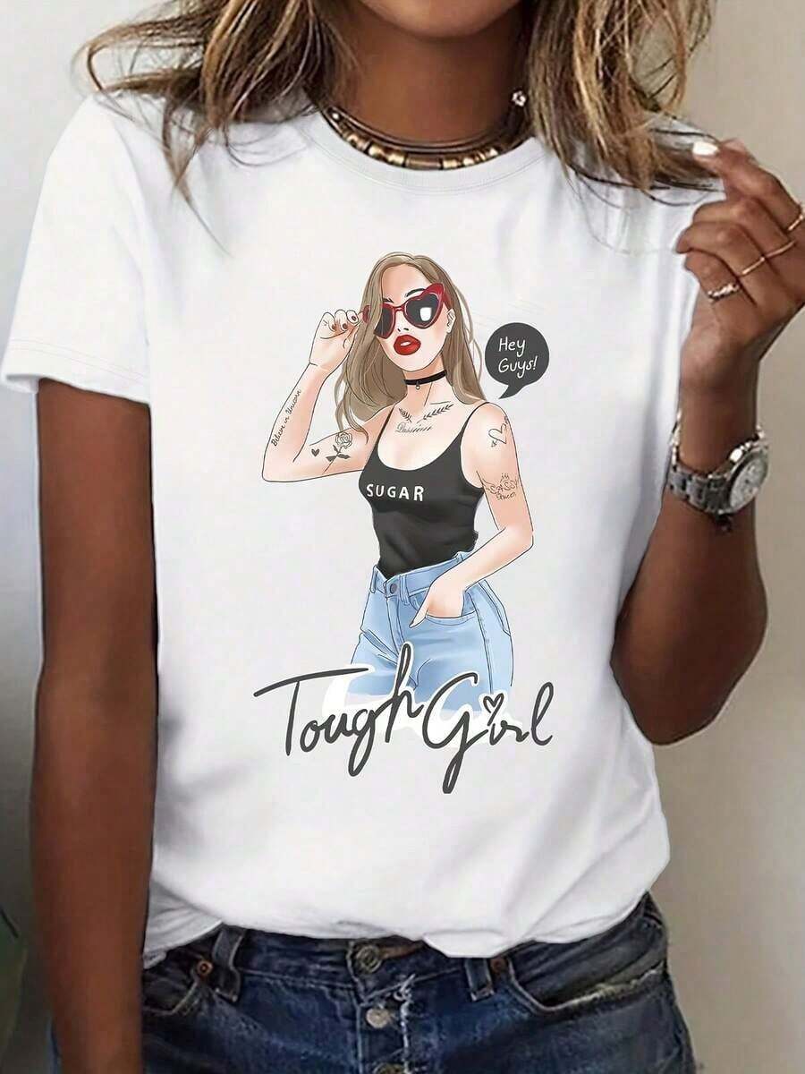 Nueva Camiseta Casual de Verano para Mujer con Gráfico de Dibujos Animados de Chica Fuerte y Texto 'Hey Guy', Ropa Urbana Casual para Uso Diario - 220g - Estilo Urbano Vintage, Camiseta Unisex de Algodón Suelto de Manga Corta y Cuello Redondo - Blanco - Ver 1