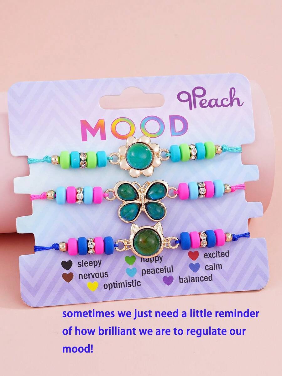 3pcs/Set Girls' Temperature Sensitive Color Changing Cat, Flower, Butterfly Beaded Bracelet - Multicolor - View 1