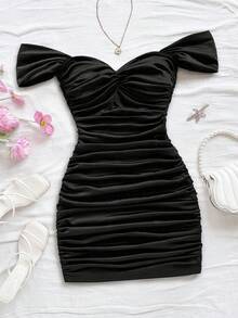 Vestido mini ajustado de punto rojo con hombros descubiertos para mujer, diseño con espalda calada, adecuado para vacaciones, citas, té de la tarde, temporada de bodas, playa, crucero, vacaciones en la ciudad, vacaciones bohemias, festivales de - Negro - Ver 4