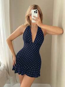 Vestido mini casual, de vacaciones, de estilo retro, con escote en V profundo y estampado de lunares blanco y negro - Azul marino - Ver 5